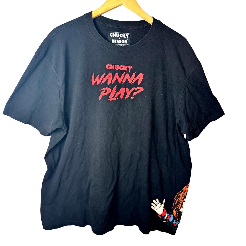 Chucky X Reason Wanna Play Graphic T-Shirt Mens XL Black Horror Film Retro